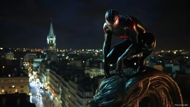 Spider Man in stealth black suit standing on a gargoyle at night.