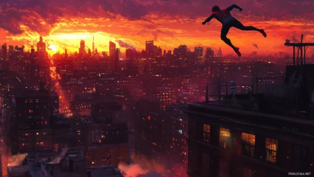 Spider Man leaping from rooftop to rooftop in a dusk lit city.