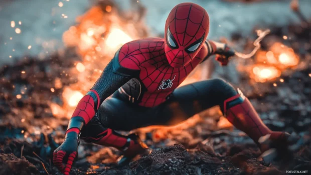 Spider Man mid battle pose with debris and fire in the background.