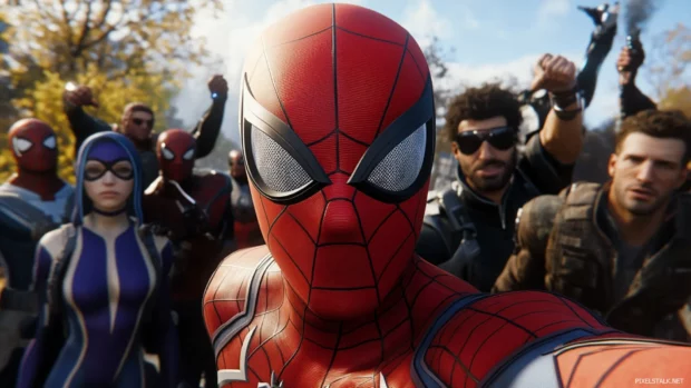 Spider Man posing with allies in hero group scene.