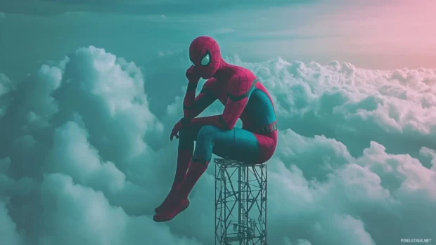 Spider Man resting on a radio tower above clouds.