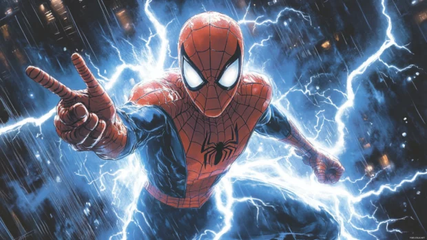 Spider Man surrounded by his spider sense lightning.