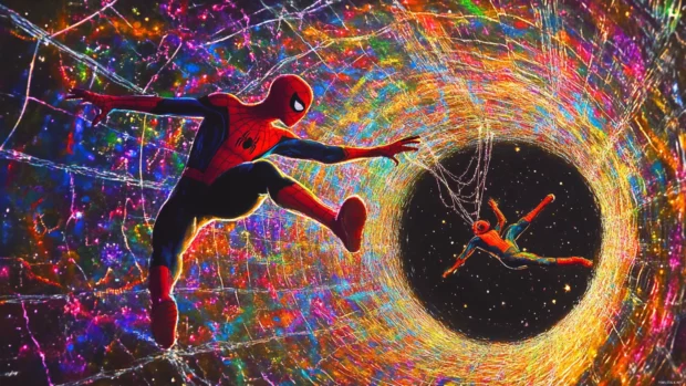 Spider Man swinging through a tunnel of glowing webs.