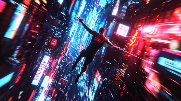 Spider Man swinging through neon lit city streets, a dynamic choice for superhero wallpaper PC users.