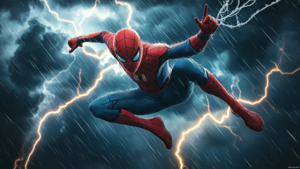 Spider Man using webs in mid air against a stormy sky, iconic superhero wallpaper in HD.