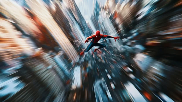Spider Man web slinging through downtown in a cinematic motion blur.