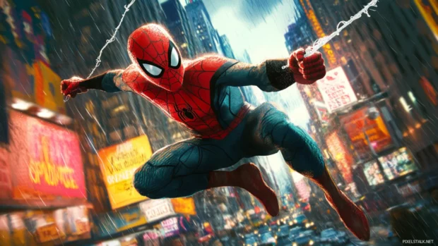Spiderman cartoon wallpaper for desktop featuring him swinging through a neon city.