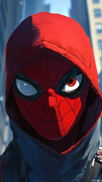 Spiderman cartoon wallpaper for iPhone showing close up masked face with urban background.