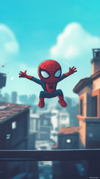 Spiderman cartoon wallpaper in chibi style jumping between rooftops for iPhone.