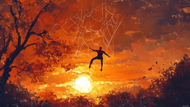 Spiderman gliding down with silk webs glowing in sunrise.