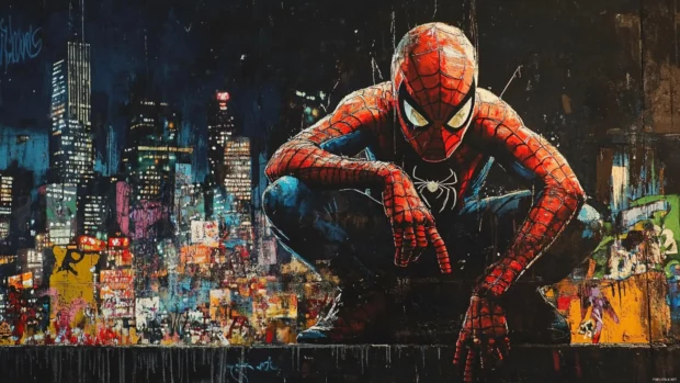 Spiderman hiding on a wall with glowing city reflections below.