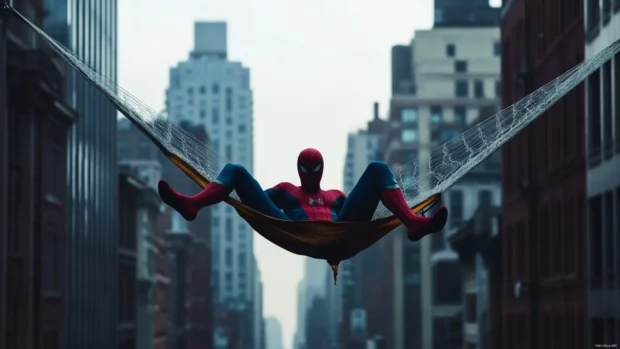 Spiderman relaxing on a web hammock strung between buildings.