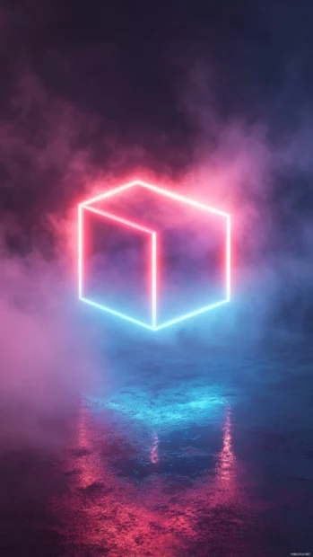 Spinning neon cube floating in glowing fog.