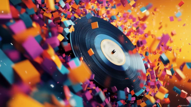 Spinning vinyl, colorful kaleidoscope, geometric patterns, captures music vibe.