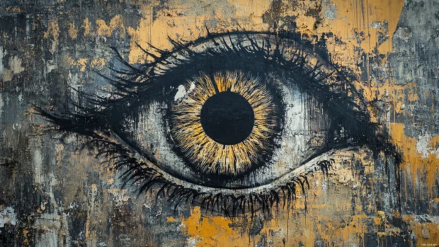 Spiral graffiti eye expanding into infinity on grungy canvas.