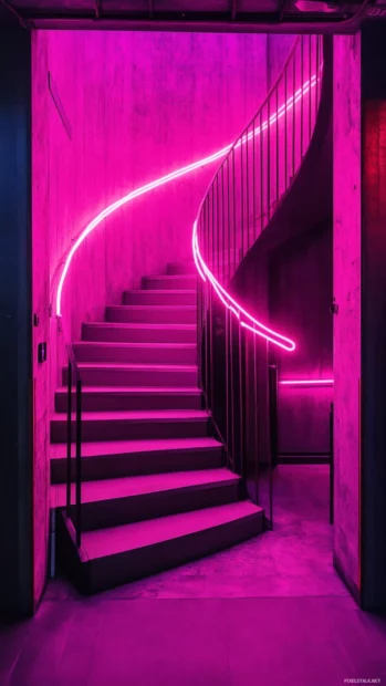 Spiral staircase illuminated by pink neon lines.