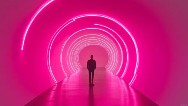Spiraling tunnel of vivid pink neon beams, Minimalist pink neon art.