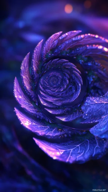 Spirals of fractal leaves turning slowly in a glowing animated loop of trippy nature.