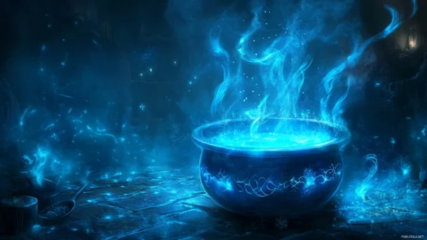 Spirits rising from a magical cauldron glowing in blue light.