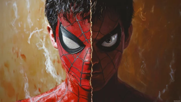 Split face Spider Man and Peter Parker fusion portrait.