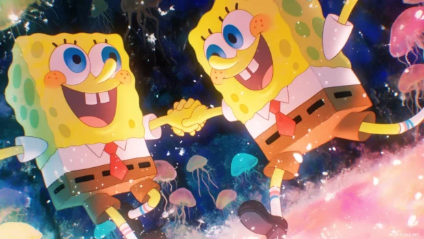 SpongeBob SquarePants and Patrick Star building a sandcastle at Jellyfish Fields, with jellyfish floating around and a bright blue sky above.