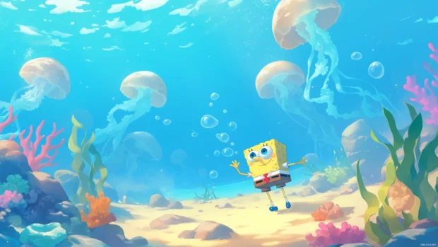 SpongeBob SquarePants making bubbles under the sea next to jellyfish.