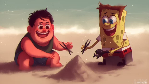 SpongeBob and Patrick building a sandcastle at Jellyfish Fields, with jellyfish and a bright sky.