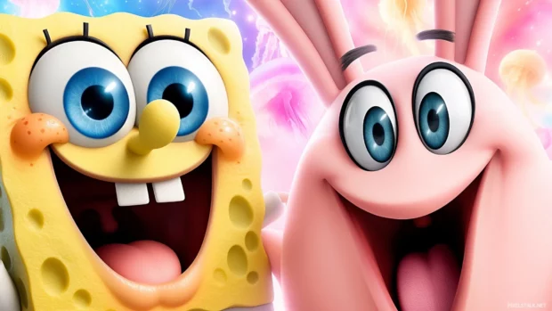 SpongeBob and Patrick building a sandcastle, surrounded by jellyfish and a sunny sky at Jellyfish Fields.