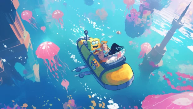 SpongeBob and Patrick drifting in a submarine through a jellyfish city.