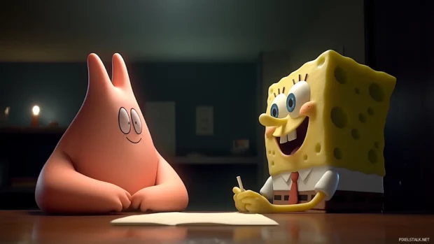 SpongeBob and Patrick making a sandcastle at Jellyfish Fields, with jellyfish and a clear blue sky.