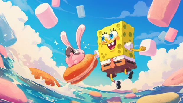 SpongeBob and Patrick riding on giant marshmallows.