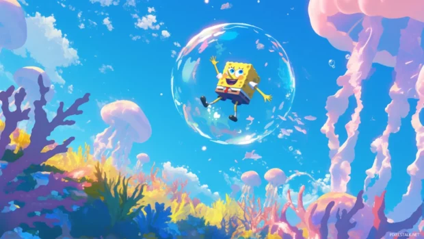 SpongeBob floating in a bubble high above a jellyfish field.