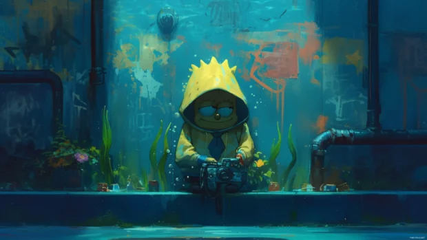 SpongeBob in a hoodie tagging a wall underwater.