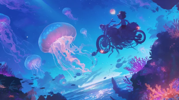 SpongeBob riding a jellyfish over glowing coral fields.