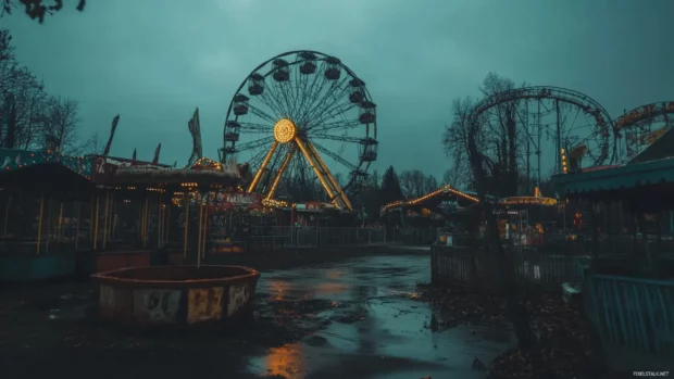 Spooky carnival with broken rides and eerie music playing.