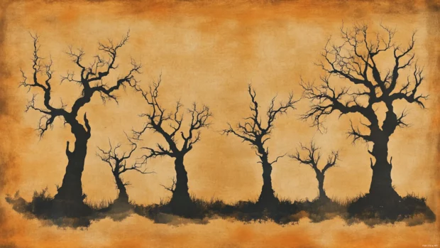 Spooky tree silhouettes over distressed parchment background.