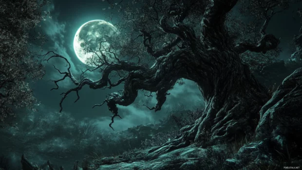 Spooky tree with twisted branches reaching toward the full moon.