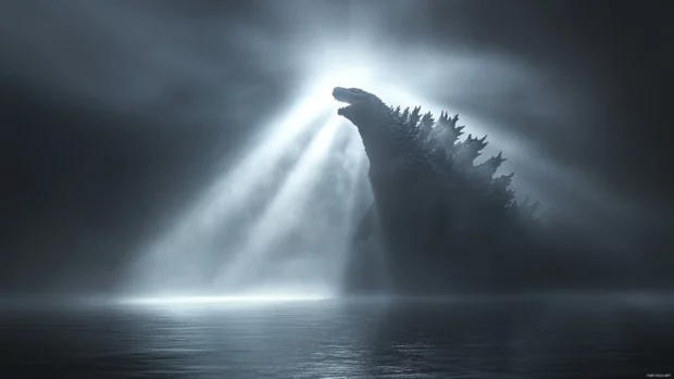 Spotlight beams catch Godzillas scales emerging.
