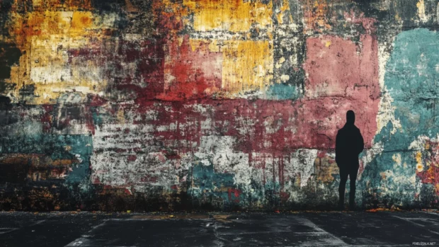 Spray art with distressed effects in handcrafted vintage graffiti wallpapers.