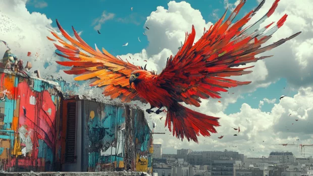 Spray can wings flying past vinyl covered rooftop.