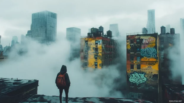 Spray painted buildings emerge from fog in cinematic graffiti cityscape wallpapers.