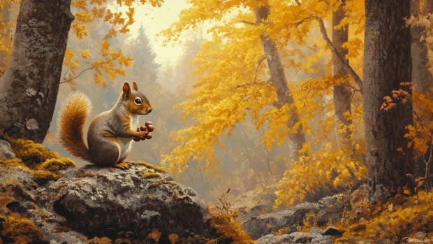 Squirrel gathering acorns beside a mossy rock under golden trees.