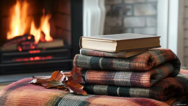 Stack of books and a plaid blanket by the fireplace, ranked in best fall aesthetic backgrounds.