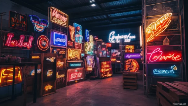 Stack of vintage neon signs in storage yard.