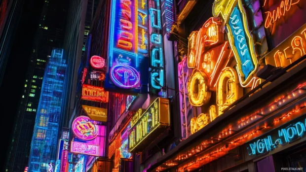 Stacked neon signs climbing broken city walls.