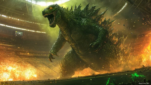Stadium shatters as Supercharged Godzilla stomps forward into the light.