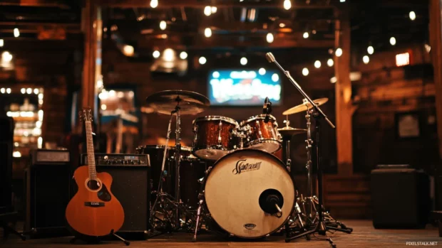Stage setup with drums and guitars before a country music night.