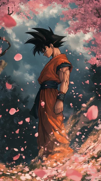 Standing among falling petals, Goku holds his power within and waits quietly.