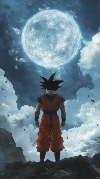 Standing beside a crater, Gokus eyes glow as he surveys the aftermath.