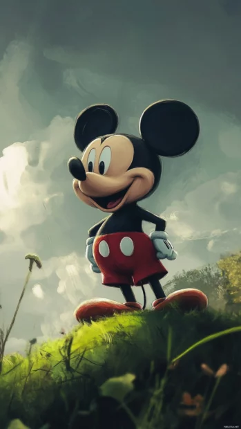 Standing proudly on a green hilltop, Mickey Mouse feels the breeze play with his big ears.